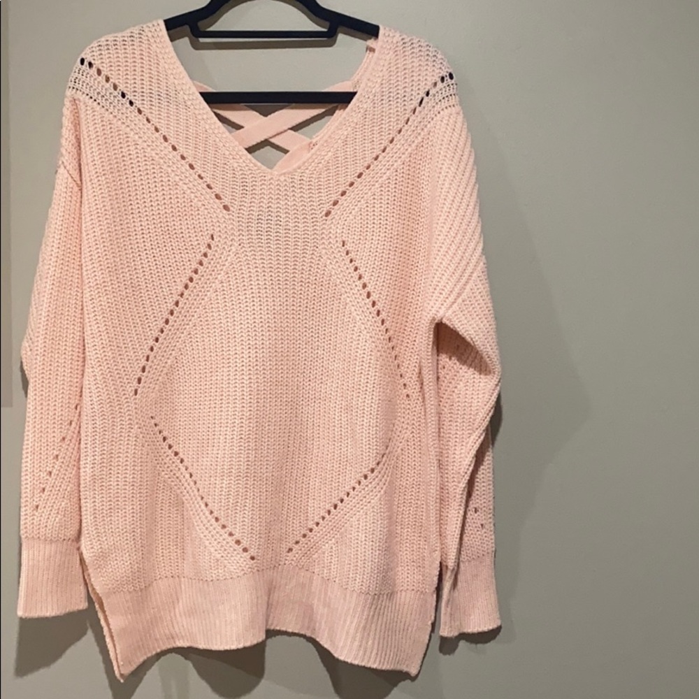 Pink Knit Sweater Criss-Cross Back Size L